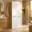 Słupek łazienkowy 60 cm z koszem na pranie, fronty lakierowane – Dąb Artisan / Biały lakier połysk