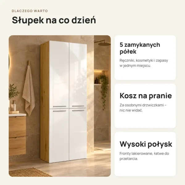 Słupek łazienkowy 60 cm z koszem na pranie, fronty lakierowane – Dąb Artisan / Biały lakier połysk