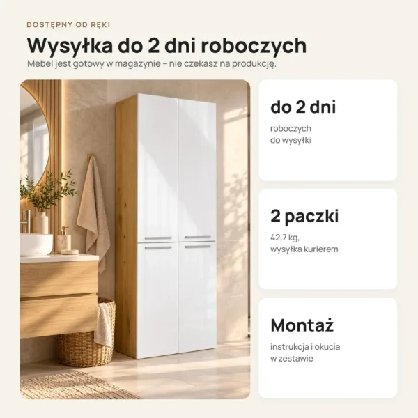 Słupek łazienkowy 60 cm z koszem na pranie, fronty lakierowane – Dąb Artisan / Biały lakier połysk
