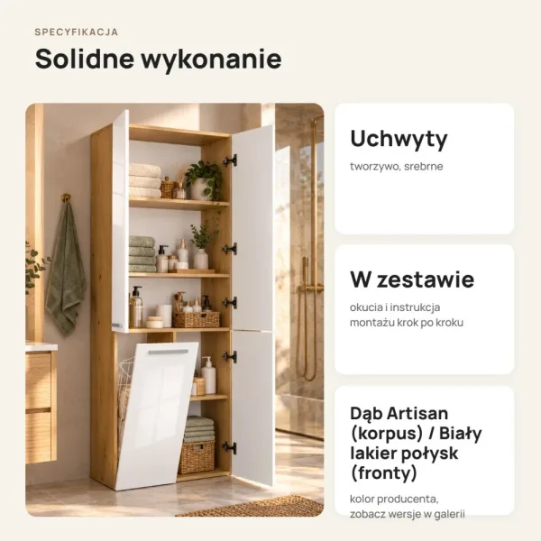 Słupek łazienkowy 60 cm z koszem na pranie, fronty lakierowane – Dąb Artisan / Biały lakier połysk