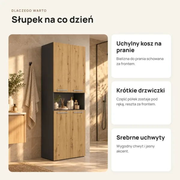 Słupek łazienkowy 60 cm z koszem na pranie i krótkimi drzwiczkami – Antracyt / Dąb Artisan