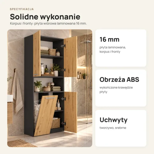 Słupek łazienkowy 60 cm z koszem na pranie i krótkimi drzwiczkami – Antracyt / Dąb Artisan
