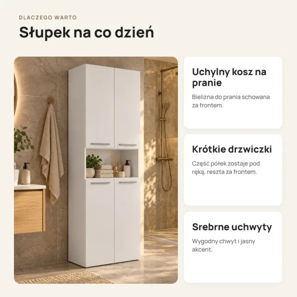 Słupek łazienkowy 60 cm z koszem na pranie i krótkimi drzwiczkami – Biały