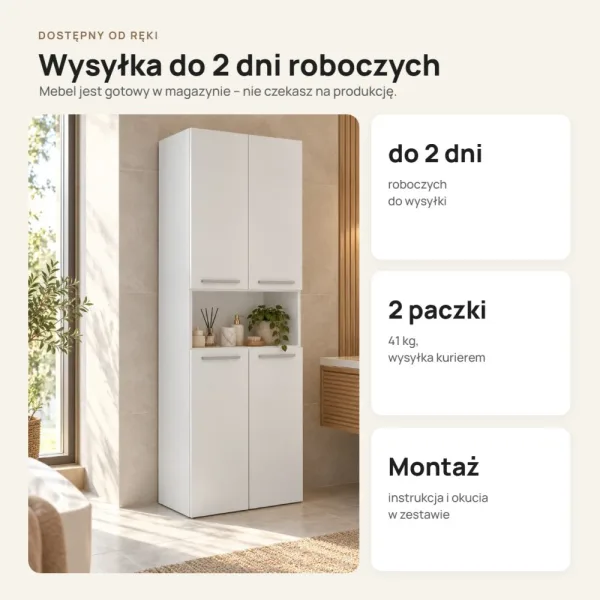 Słupek łazienkowy 60 cm z koszem na pranie i krótkimi drzwiczkami – Biały