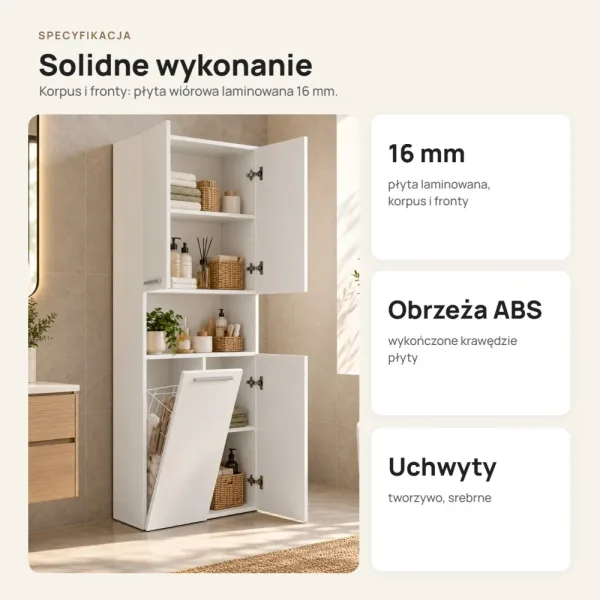 Słupek łazienkowy 60 cm z koszem na pranie i krótkimi drzwiczkami – Biały