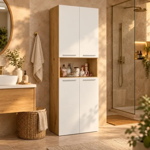 Słupek łazienkowy 60 cm z koszem na pranie i krótkimi drzwiczkami – Biały / Dąb Artisan
