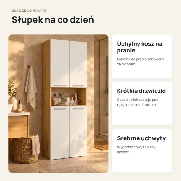Słupek łazienkowy 60 cm z koszem na pranie i krótkimi drzwiczkami – Biały / Dąb Artisan