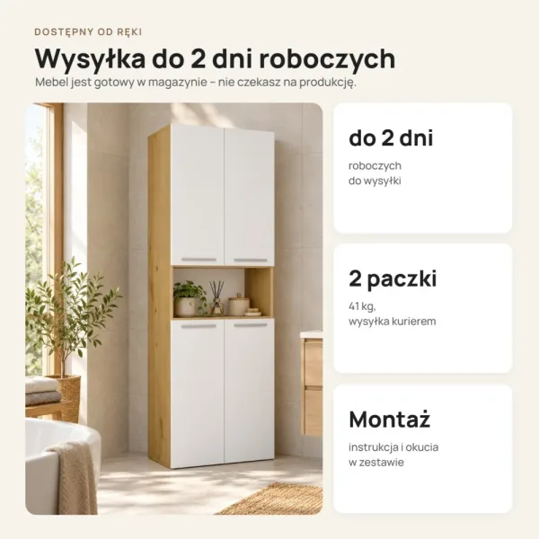 Słupek łazienkowy 60 cm z koszem na pranie i krótkimi drzwiczkami – Biały / Dąb Artisan