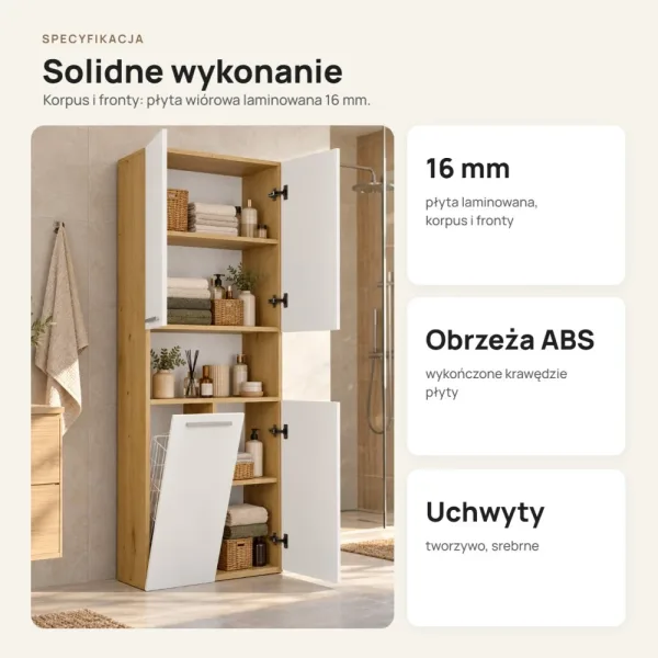 Słupek łazienkowy 60 cm z koszem na pranie i krótkimi drzwiczkami – Biały / Dąb Artisan