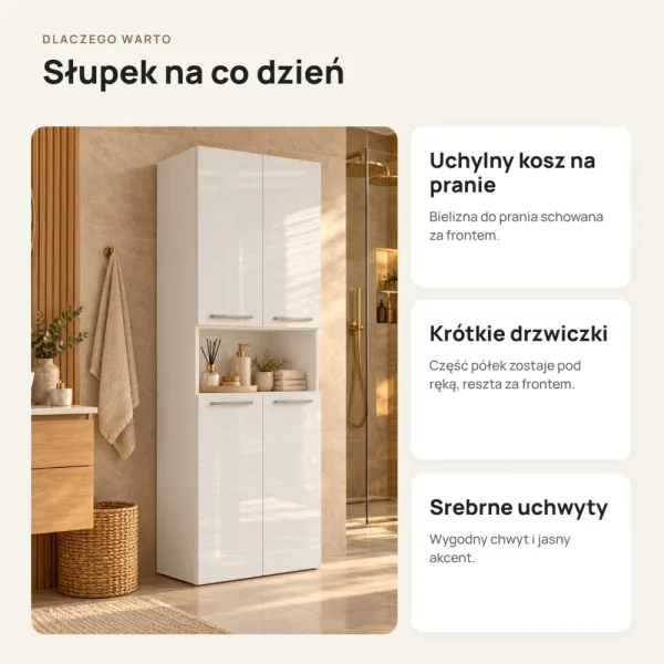 Słupek łazienkowy 60 cm z koszem na pranie i krótkimi drzwiczkami – Biały połysk