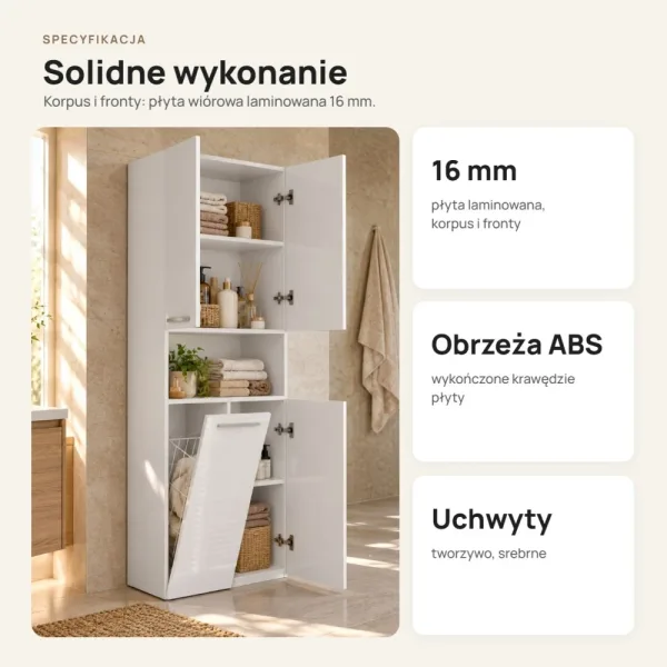 Słupek łazienkowy 60 cm z koszem na pranie i krótkimi drzwiczkami – Biały połysk