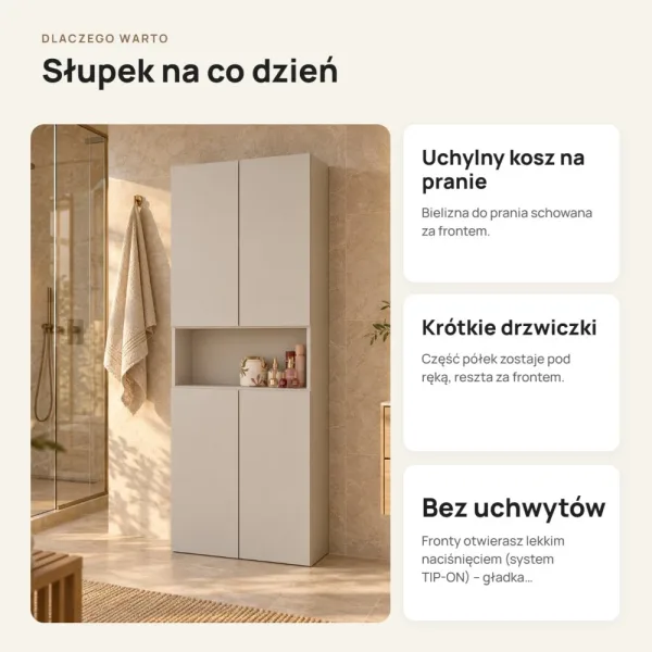 Słupek łazienkowy 60 cm z koszem na pranie i krótkimi drzwiczkami – Kaszmir