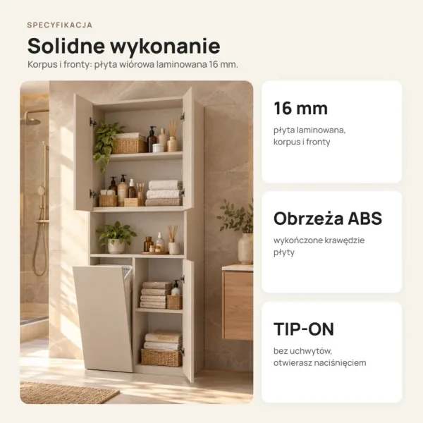 Słupek łazienkowy 60 cm z koszem na pranie i krótkimi drzwiczkami – Kaszmir
