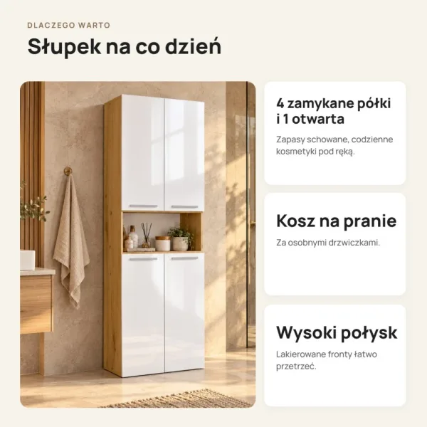 Słupek łazienkowy 60 cm z koszem na pranie i otwartą półką, fronty lakierowane – Dąb Artisan / Biały lakier połysk