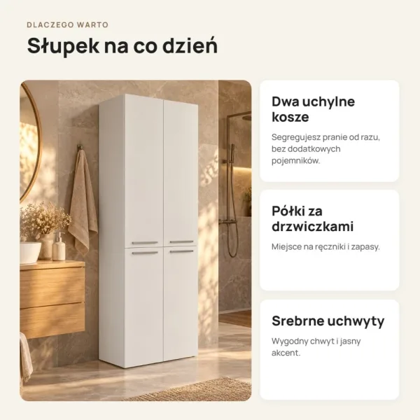 Słupek łazienkowy 60 cm z dwoma koszami na pranie i długimi drzwiczkami – Biały