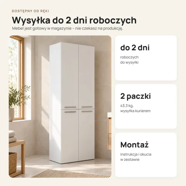 Słupek łazienkowy 60 cm z dwoma koszami na pranie i długimi drzwiczkami – Biały