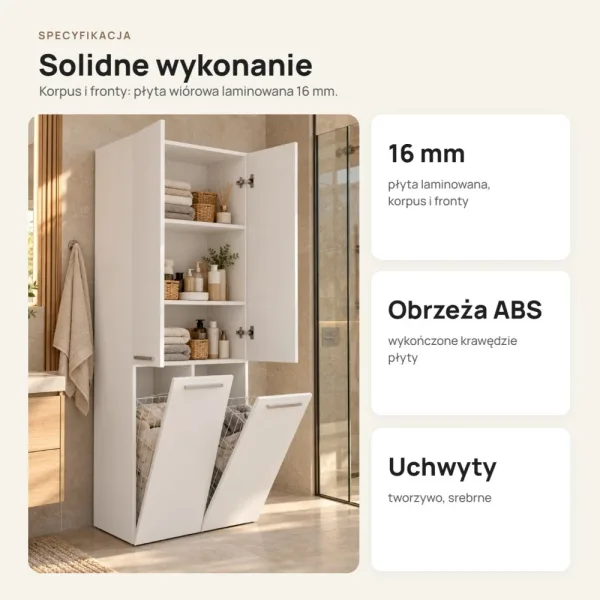 Słupek łazienkowy 60 cm z dwoma koszami na pranie i długimi drzwiczkami – Biały