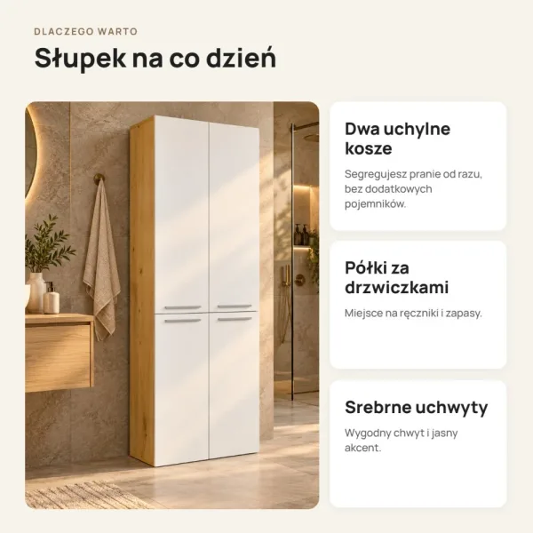 Słupek łazienkowy 60 cm z dwoma koszami na pranie i długimi drzwiczkami – Biały / Dąb Artisan