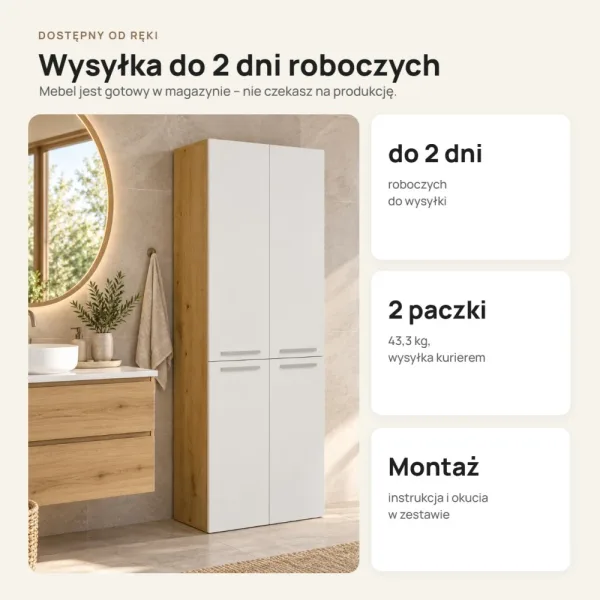 Słupek łazienkowy 60 cm z dwoma koszami na pranie i długimi drzwiczkami – Biały / Dąb Artisan
