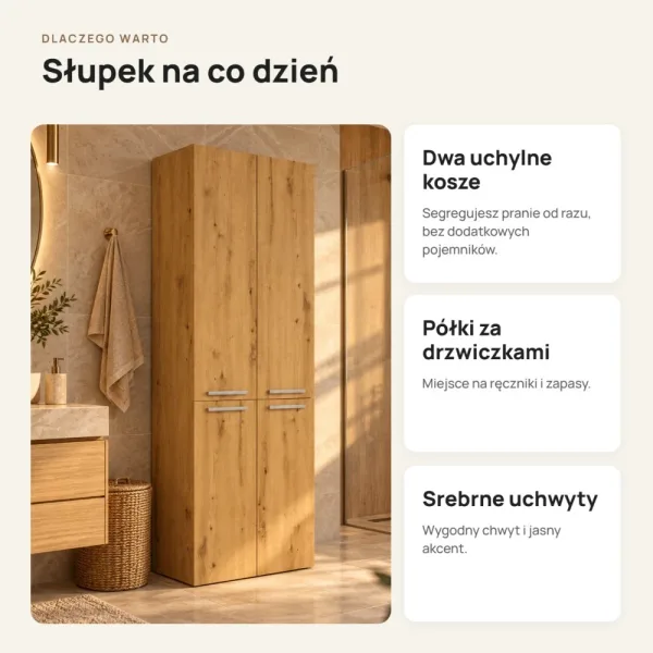 Słupek łazienkowy 60 cm z dwoma koszami na pranie i długimi drzwiczkami – Dąb Artisan