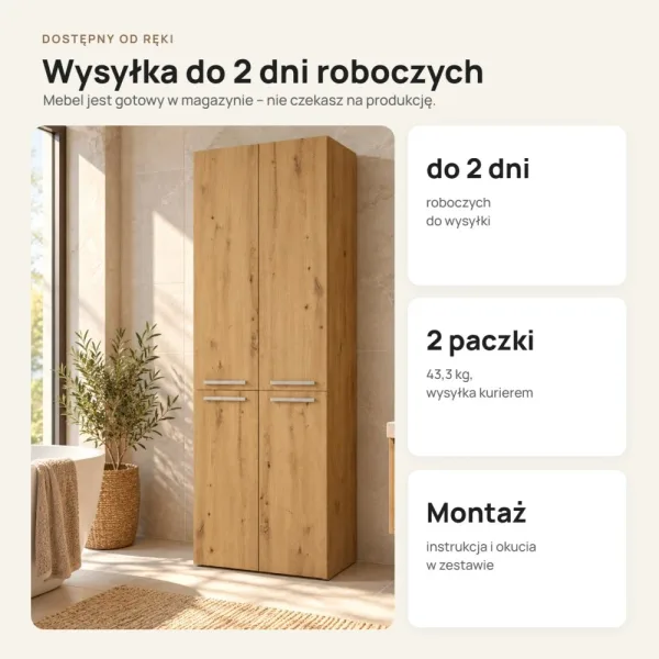 Słupek łazienkowy 60 cm z dwoma koszami na pranie i długimi drzwiczkami – Dąb Artisan