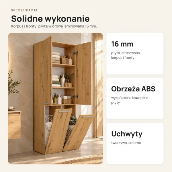Słupek łazienkowy 60 cm z dwoma koszami na pranie i długimi drzwiczkami – Dąb Artisan