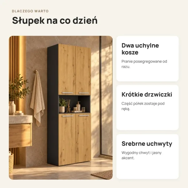 Słupek łazienkowy 60 cm z dwoma koszami na pranie i krótkimi drzwiczkami – Antracyt / Dąb Artisan