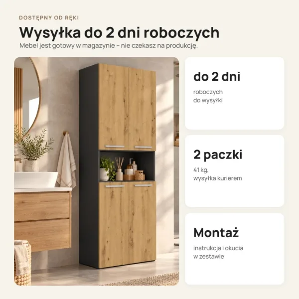 Słupek łazienkowy 60 cm z dwoma koszami na pranie i krótkimi drzwiczkami – Antracyt / Dąb Artisan