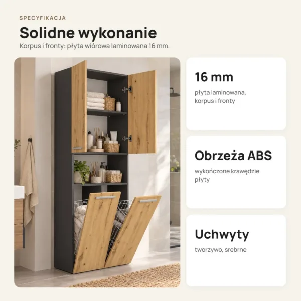 Słupek łazienkowy 60 cm z dwoma koszami na pranie i krótkimi drzwiczkami – Antracyt / Dąb Artisan