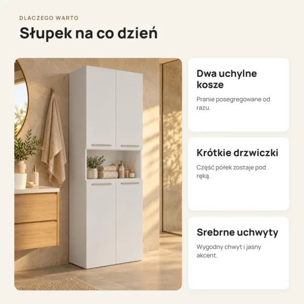 Słupek łazienkowy 60 cm z dwoma koszami na pranie i krótkimi drzwiczkami – Biały