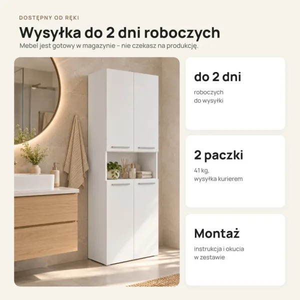 Słupek łazienkowy 60 cm z dwoma koszami na pranie i krótkimi drzwiczkami – Biały