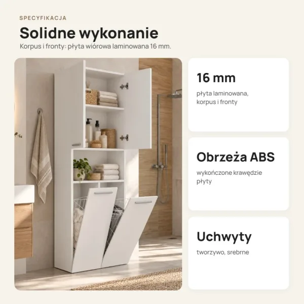 Słupek łazienkowy 60 cm z dwoma koszami na pranie i krótkimi drzwiczkami – Biały
