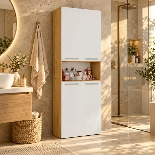Słupek łazienkowy 60 cm z dwoma koszami na pranie i krótkimi drzwiczkami – Biały / Dąb Artisan