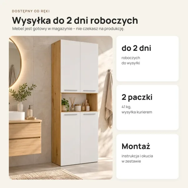 Słupek łazienkowy 60 cm z dwoma koszami na pranie i krótkimi drzwiczkami – Biały / Dąb Artisan