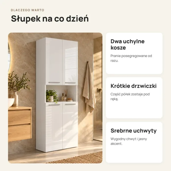 Słupek łazienkowy 60 cm z dwoma koszami na pranie i krótkimi drzwiczkami – Biały połysk