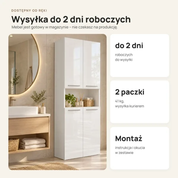 Słupek łazienkowy 60 cm z dwoma koszami na pranie i krótkimi drzwiczkami – Biały połysk