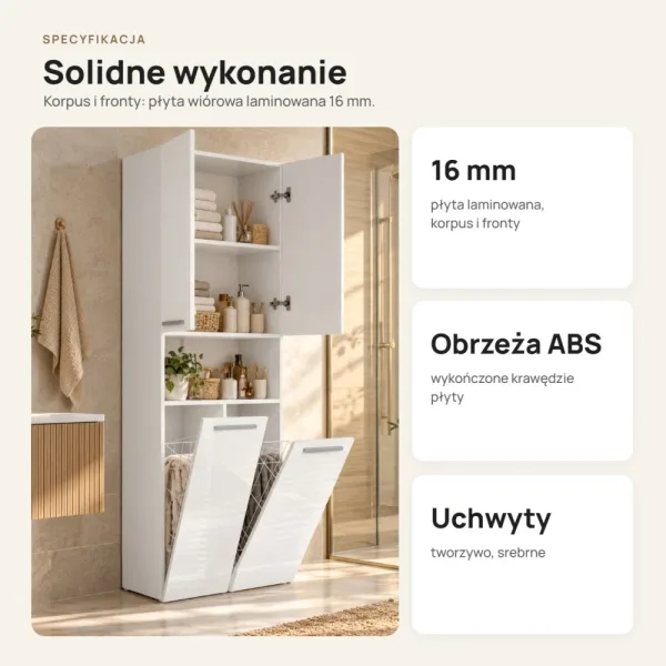 Słupek łazienkowy 60 cm z dwoma koszami na pranie i krótkimi drzwiczkami – Biały połysk
