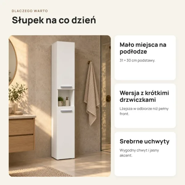 Słupek łazienkowy 31 cm z krótkimi drzwiczkami – Biały