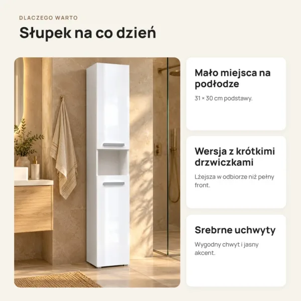 Słupek łazienkowy 31 cm z krótkimi drzwiczkami – Biały połysk