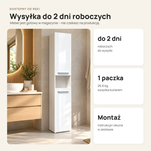 Słupek łazienkowy 31 cm z krótkimi drzwiczkami – Biały połysk