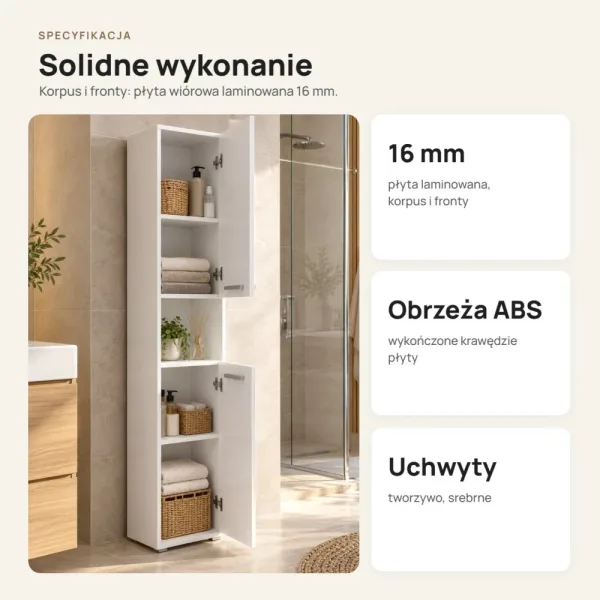 Słupek łazienkowy 31 cm z krótkimi drzwiczkami – Biały połysk