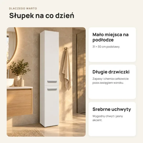 Słupek łazienkowy 31 cm z długimi drzwiczkami – Biały
