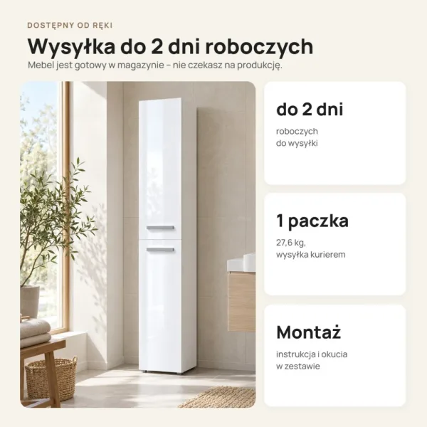 Słupek łazienkowy 31 cm z długimi drzwiczkami – Biały połysk
