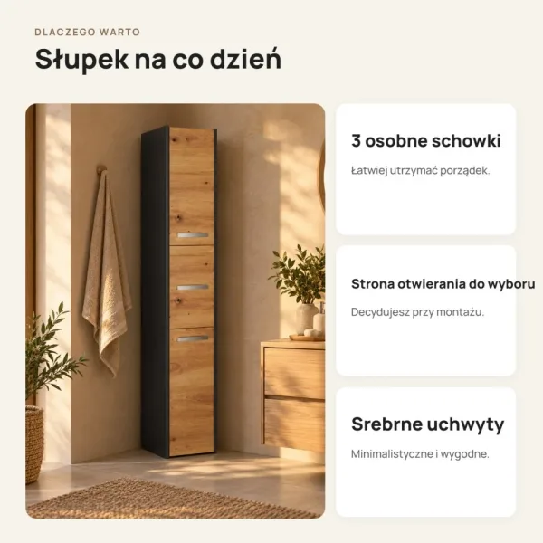 Słupek łazienkowy 30 cm z trojgiem drzwiczek, wysokość 170 cm – Antracyt / Dąb Artisan