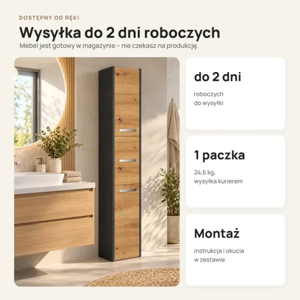 Słupek łazienkowy 30 cm z trojgiem drzwiczek, wysokość 170 cm – Antracyt / Dąb Artisan