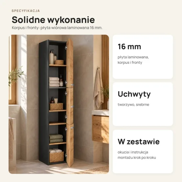 Słupek łazienkowy 30 cm z trojgiem drzwiczek, wysokość 170 cm – Antracyt / Dąb Artisan
