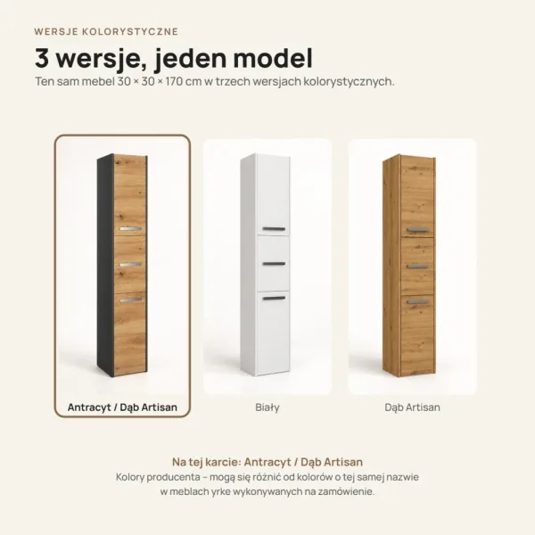 Słupek łazienkowy 30 cm z trojgiem drzwiczek, wysokość 170 cm – Antracyt / Dąb Artisan
