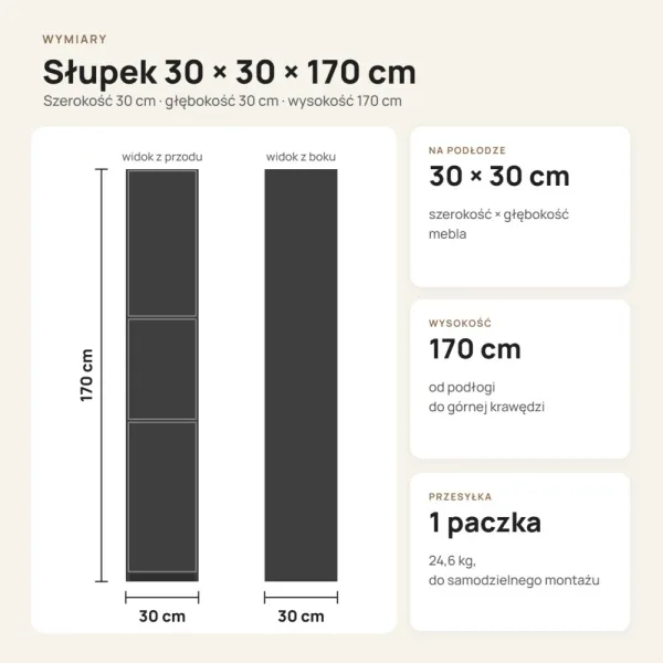 Słupek łazienkowy 30 cm z trojgiem drzwiczek, wysokość 170 cm – Biały