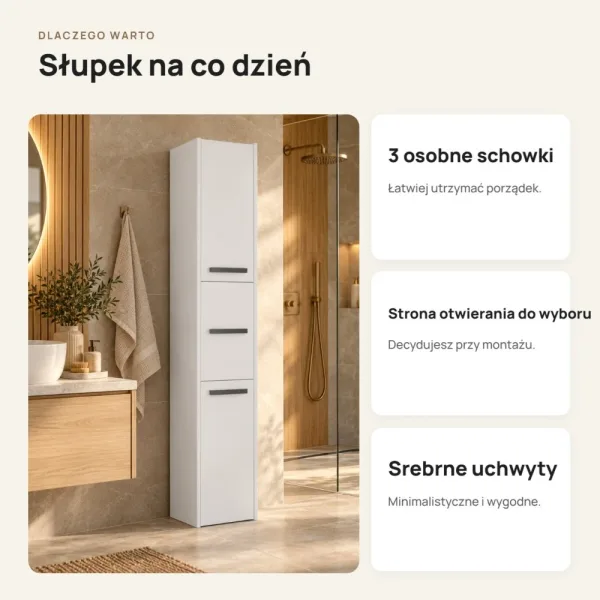 Słupek łazienkowy 30 cm z trojgiem drzwiczek, wysokość 170 cm – Biały