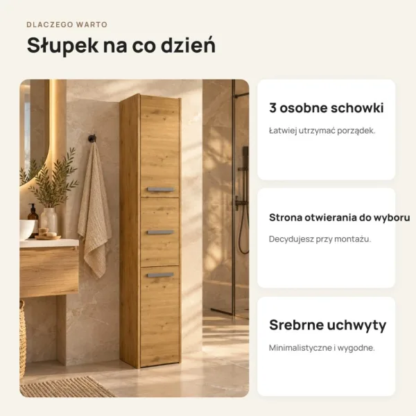 Słupek łazienkowy 30 cm z trojgiem drzwiczek, wysokość 170 cm – Dąb Artisan